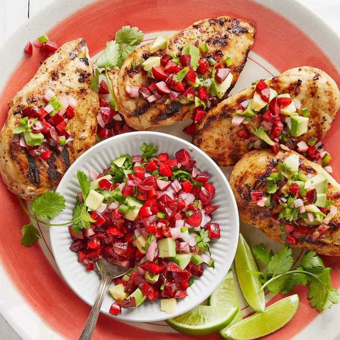 Chili-Garlic Grilled Chicken with Avocado-Cherry Salsa