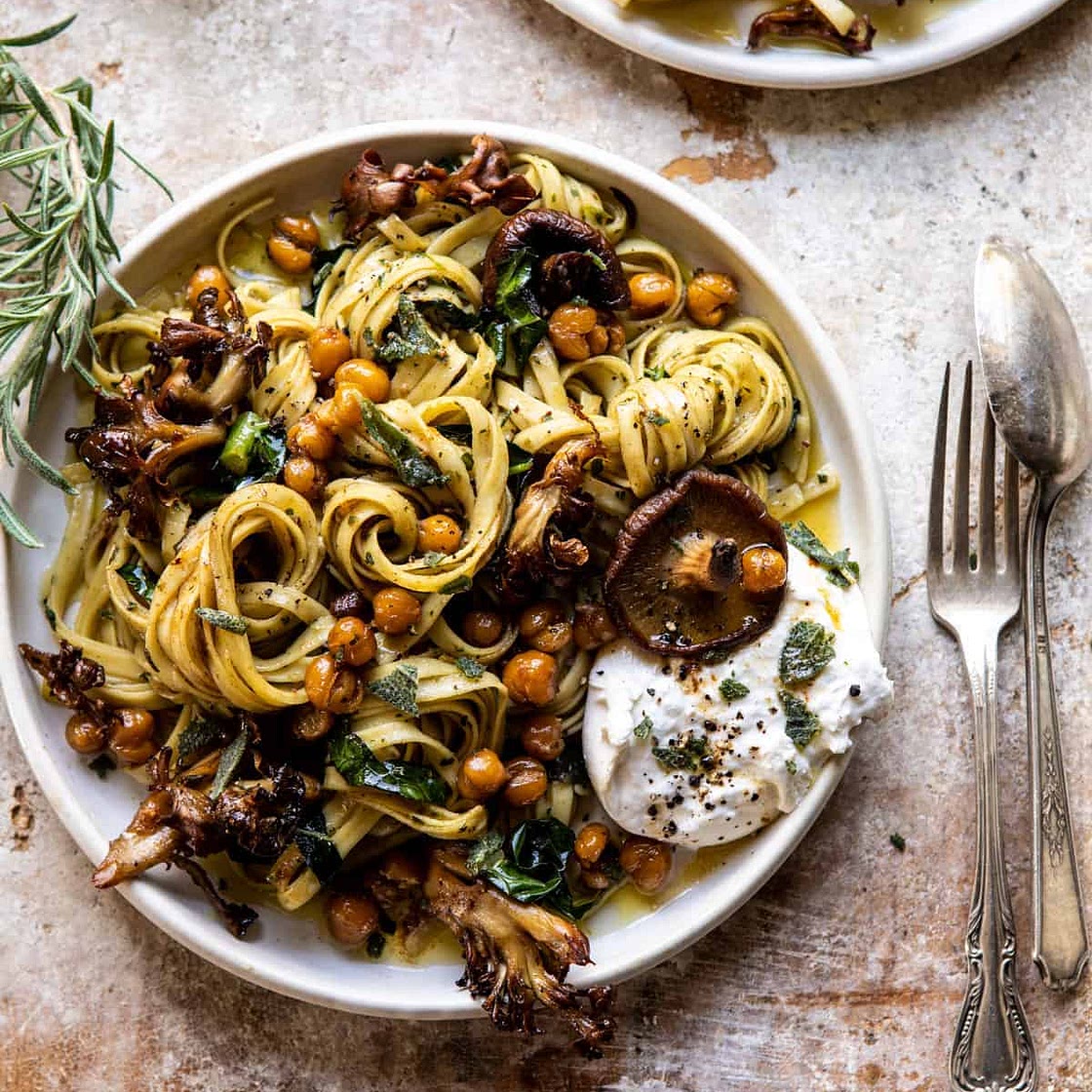 Slow Roasted Mushroom Pasta with Crisp Rosemary Chickpeas