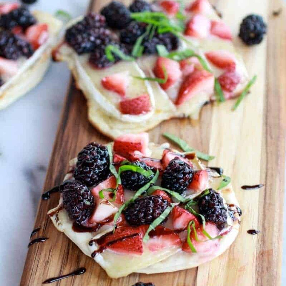Grilled Blackberry, Strawberry, Basil and Brie Pizza Crisp with Honey Balsamic Glaze