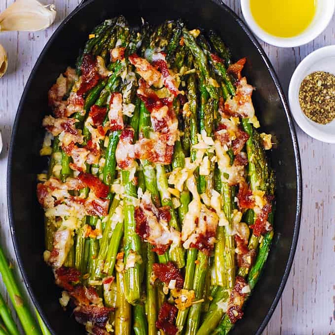 Cheesy Baked Asparagus with Gruyere cheese, Garlic, and Bacon