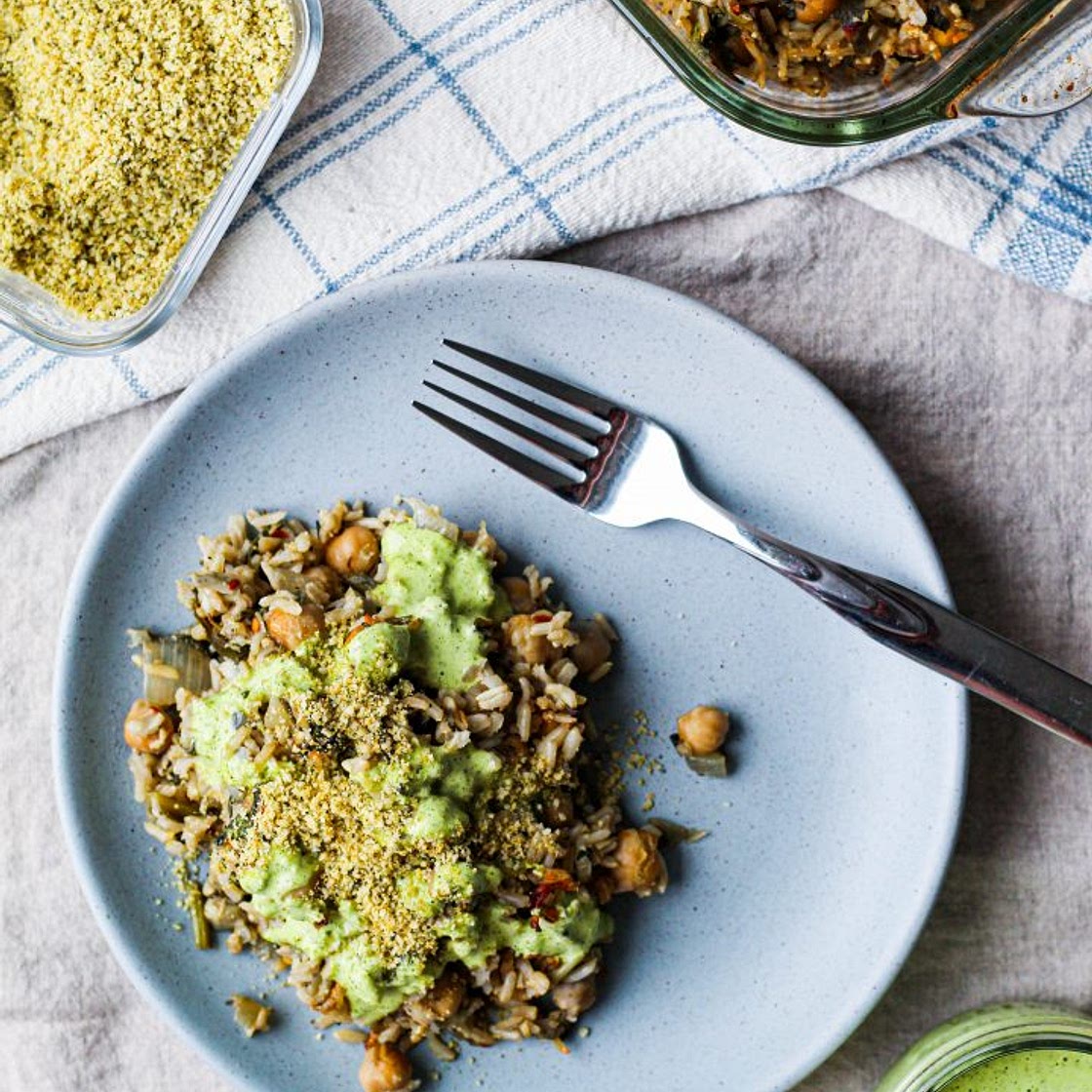 Chickpea Brown Rice Spinach Artichoke Casserole (Vegan)