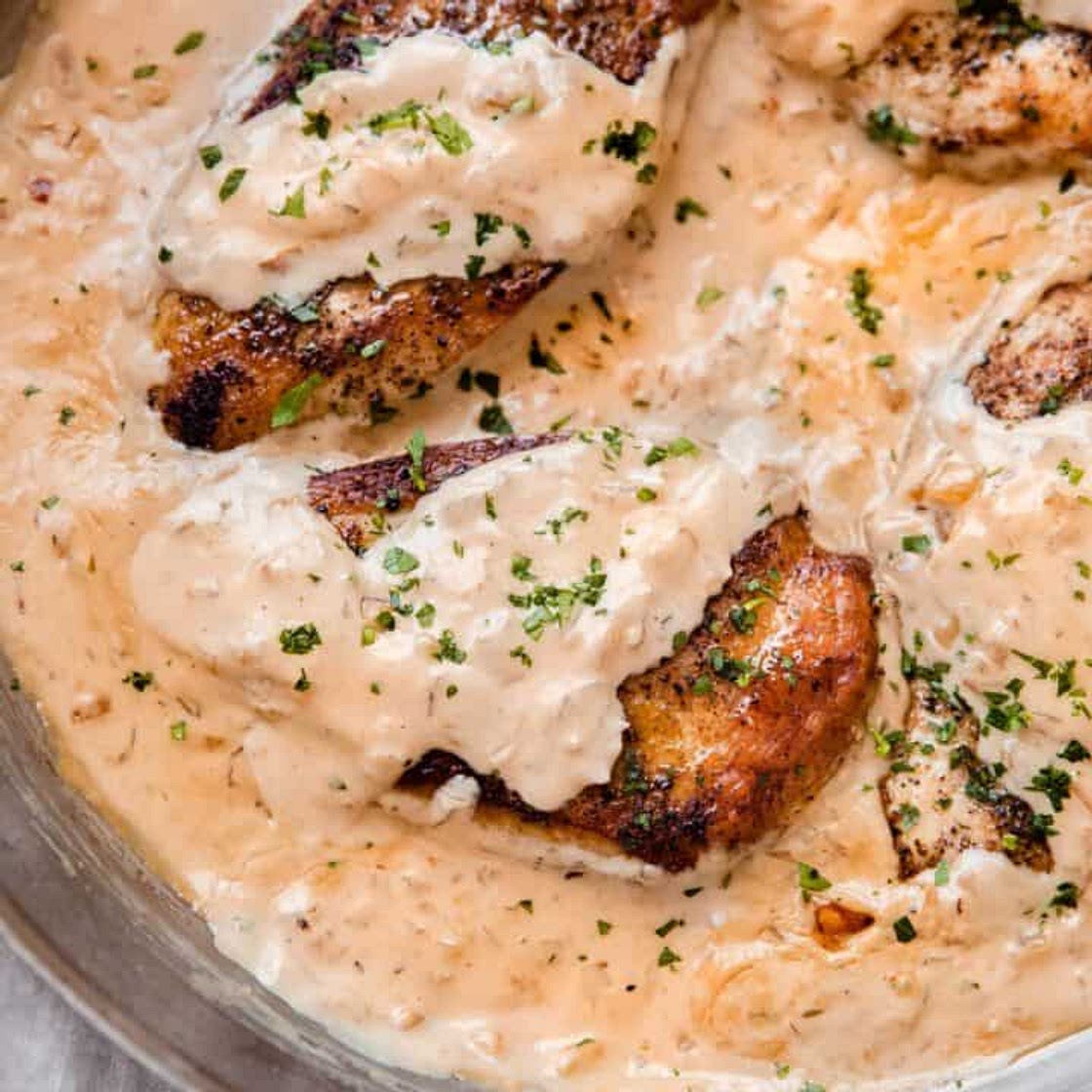 Skillet Chicken in Balsamic Caramelized Onion Cream Sauce