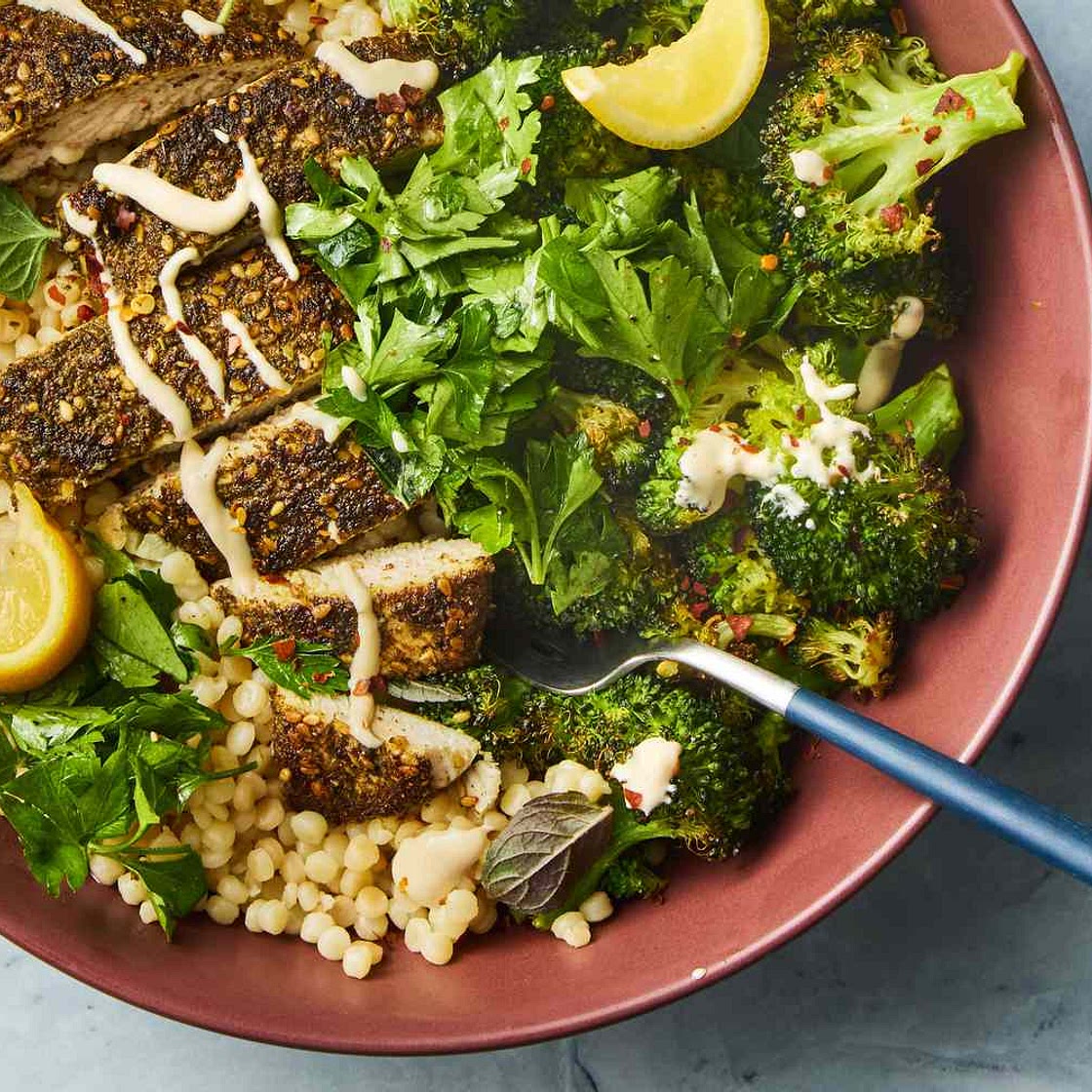 Za’atar Chicken Bowl with Broccoli, Tahini, and Israeli Couscous