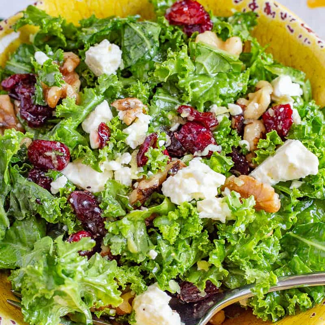 Kale Salad with Cranberry, Walnut and Feta
