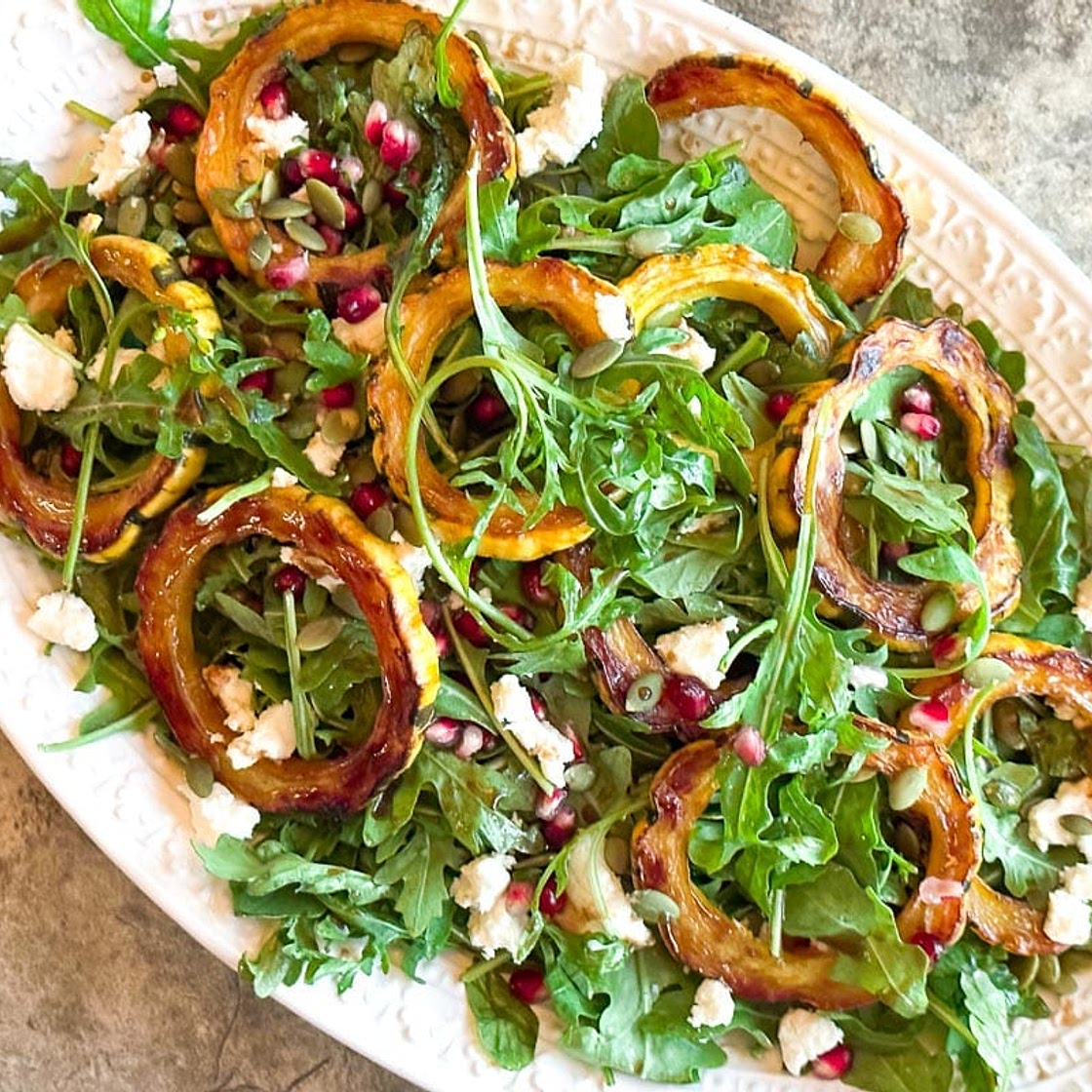Roasted Delicata Squash & Arugula Salad with Goat Cheese and Pomegranate