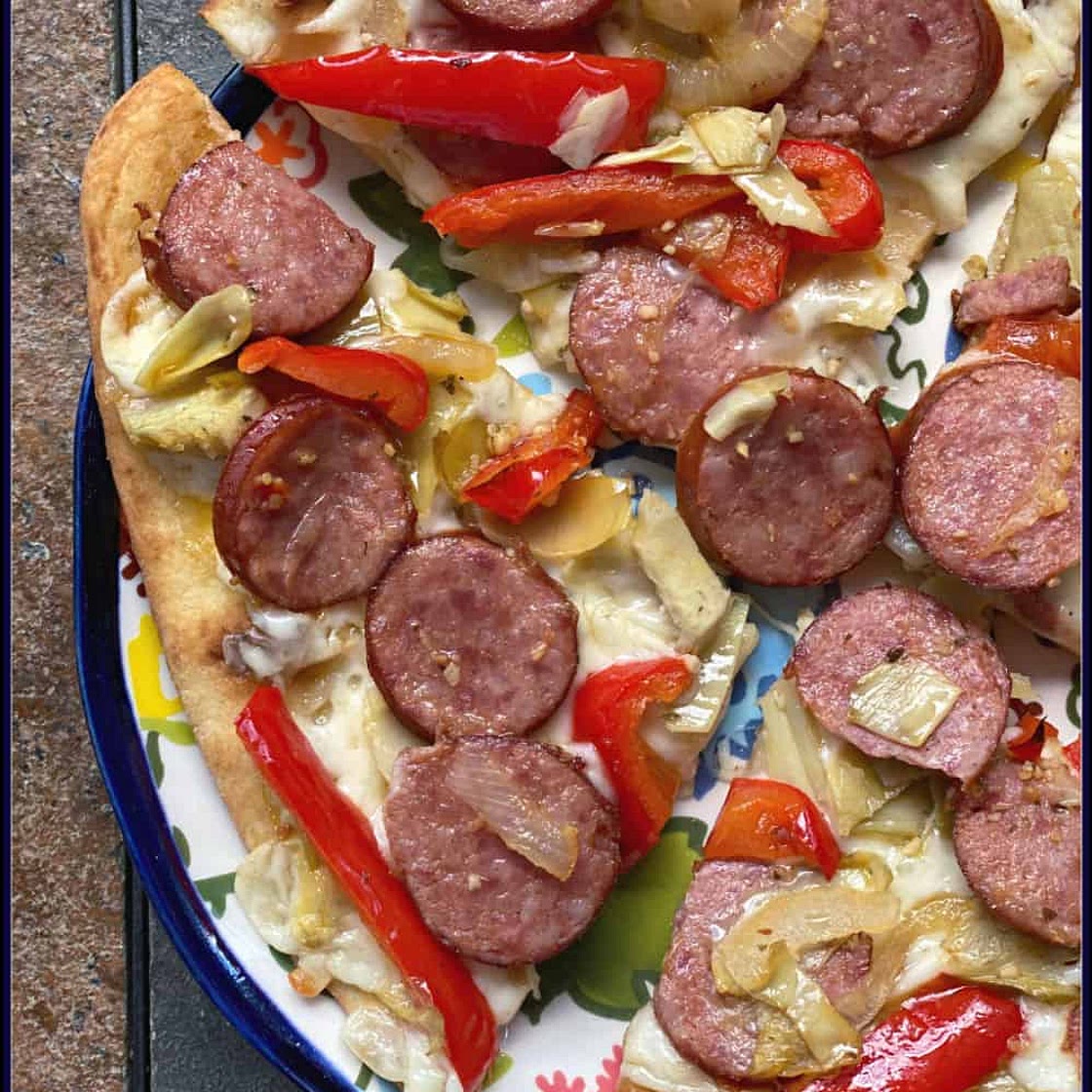 Sausage, Peppers, & Onions (plus artichoke!) Naan Pizza
