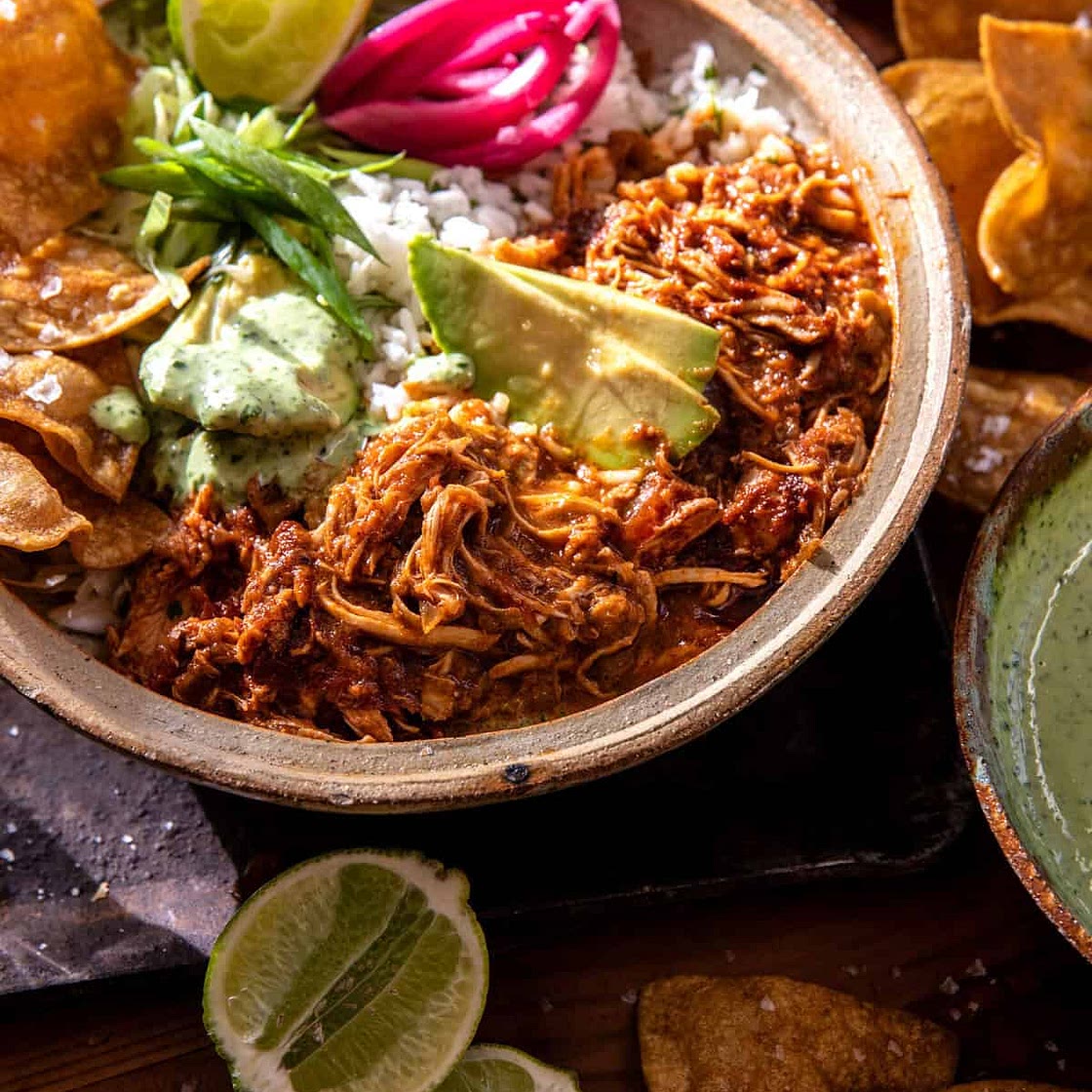 Crockpot Salsa Verde Chicken Tortilla Bowl