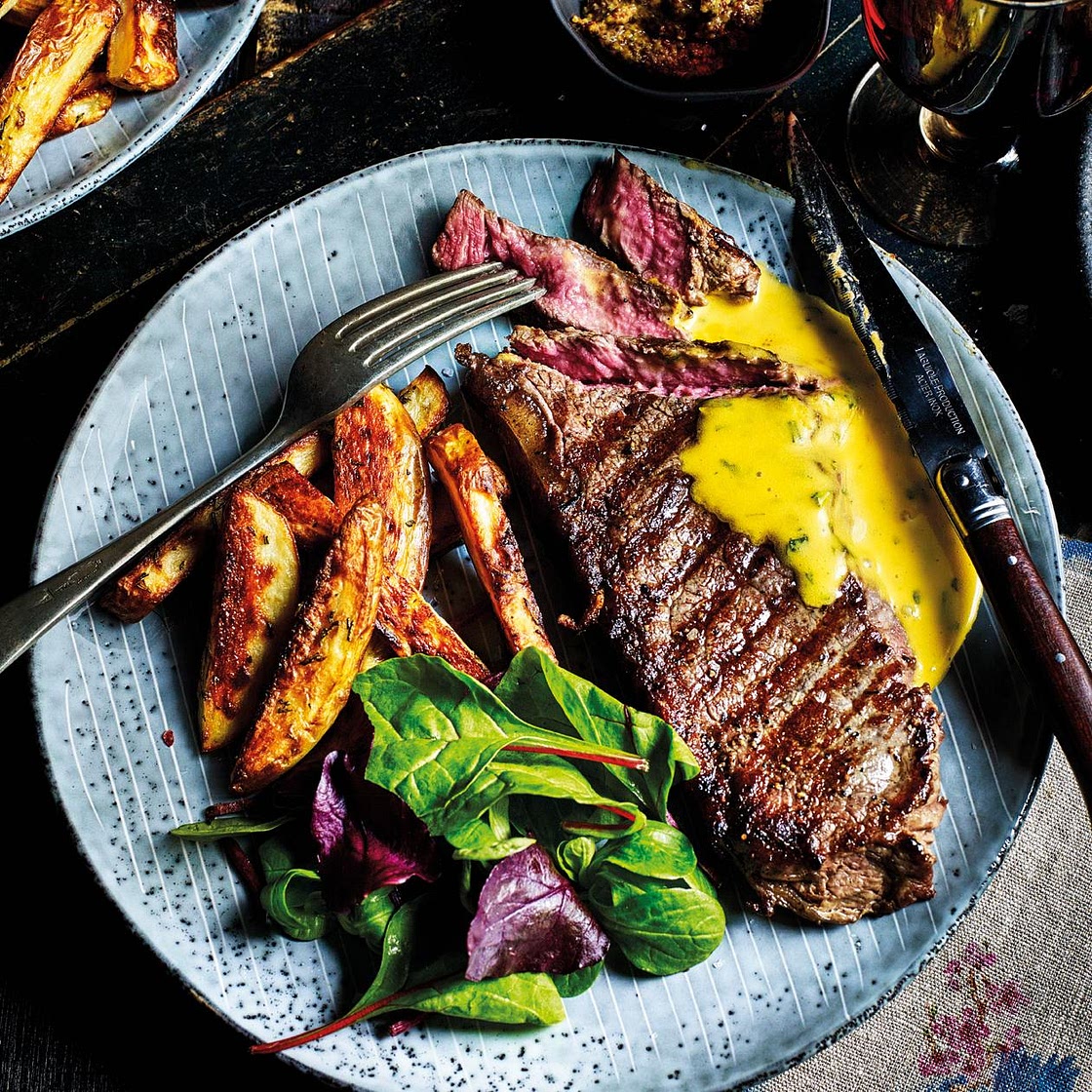Sirloin steaks with rosemary fries and cheat’s Béarnaise