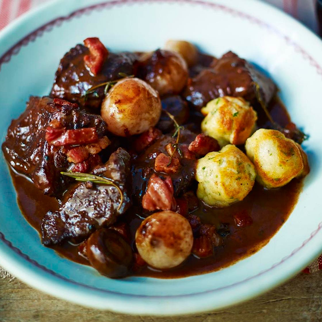 Boeuf bourguignon with baguette dumplings