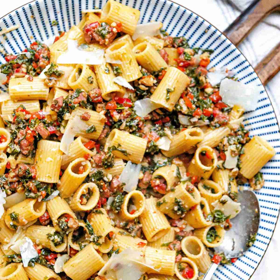 Smoked Sausage & Kale Pasta with Walnut Crumble