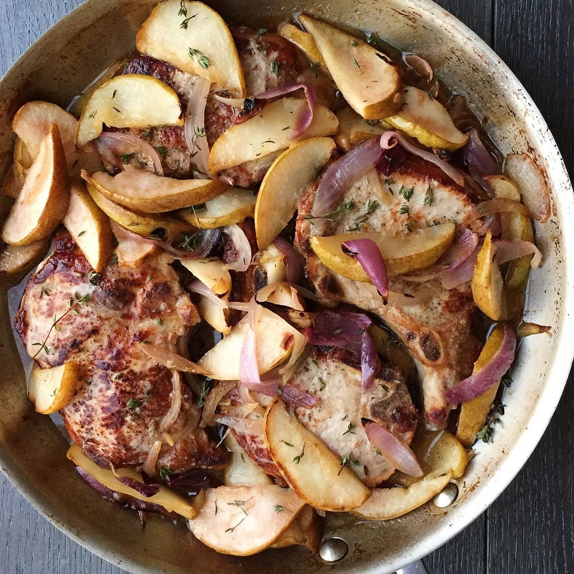 Pork Chop Skillet with Pears and Red Onions