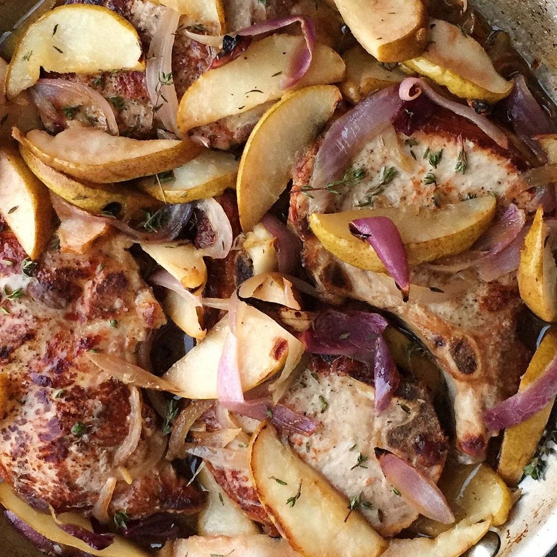 Pork Chop Skillet with Pears and Red Onions