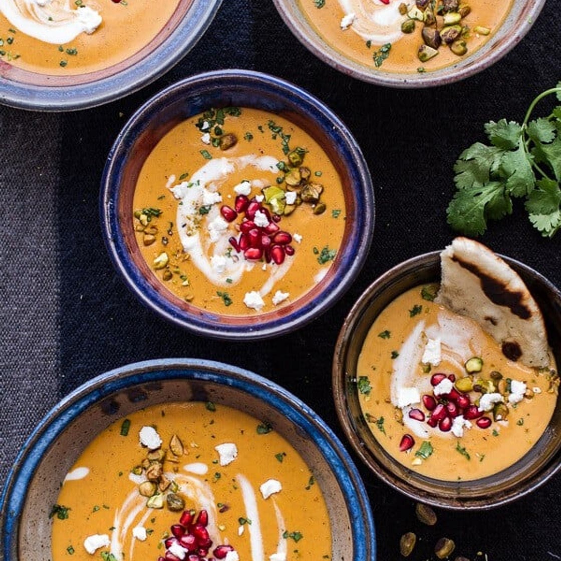 Moroccan Butternut Squash and Goat Cheese Soup w/Coconut Ginger Cream + Pistachios