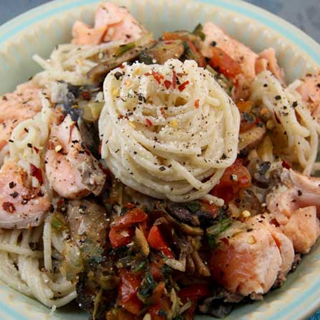 Pasta with Skillet Salmon, Mushrooms and Parsley (Greek Island of Crete)