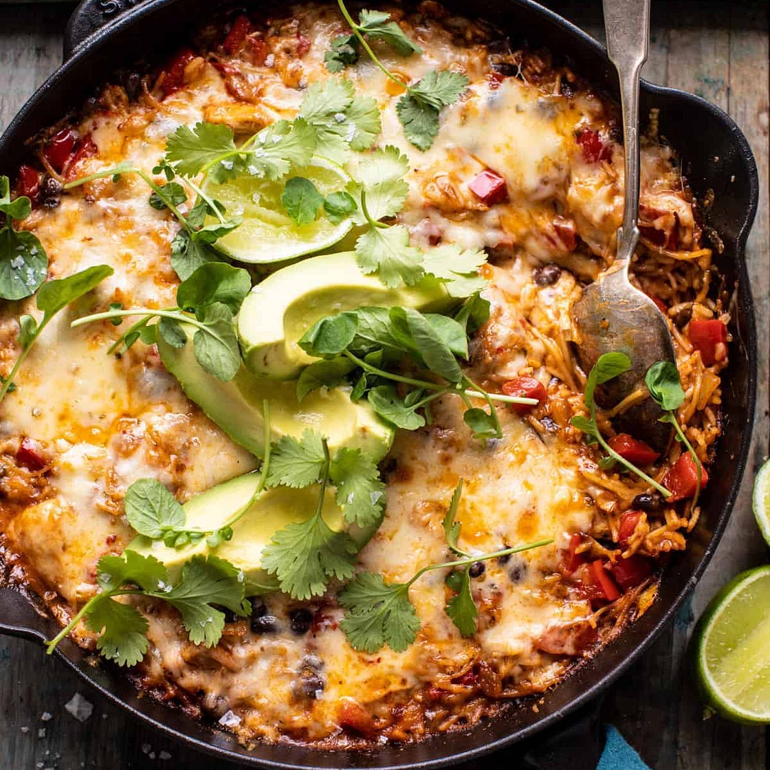 One Skillet Cheesy Cuban Chicken Rice Bake
