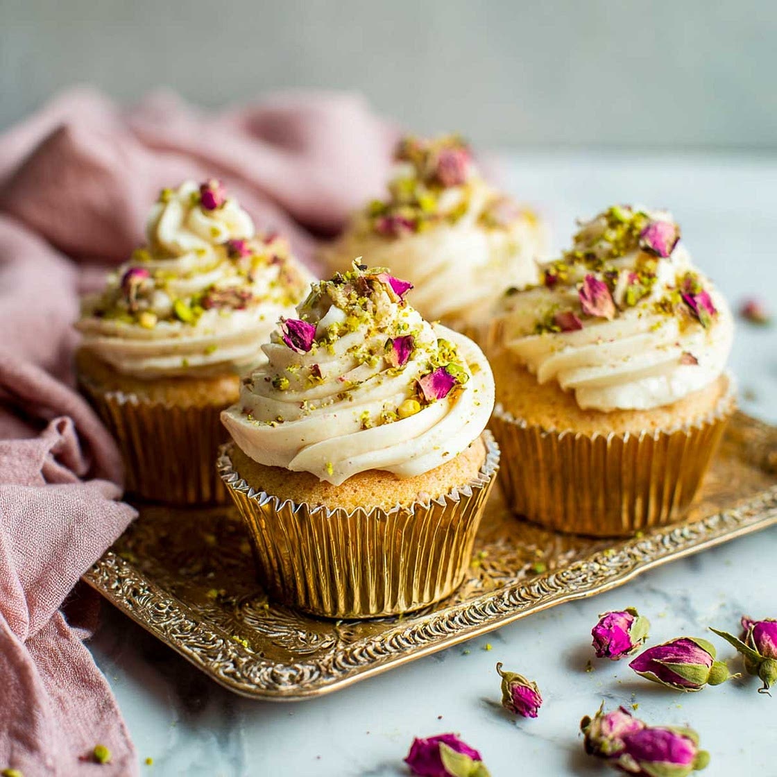 Eggless Rose Pistachio Cupcakes