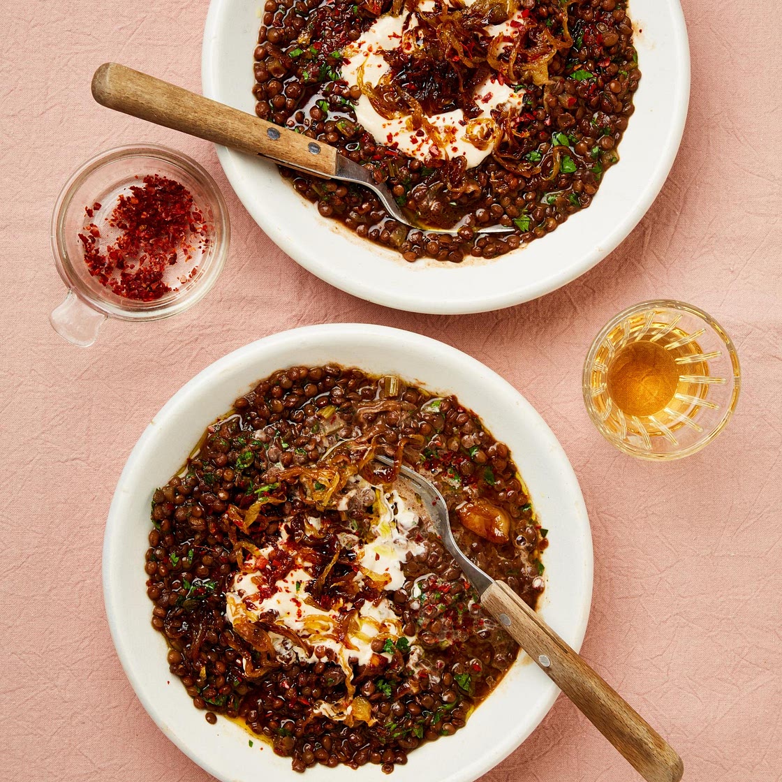 Lentils with pomegranate molasses and lemon tahini