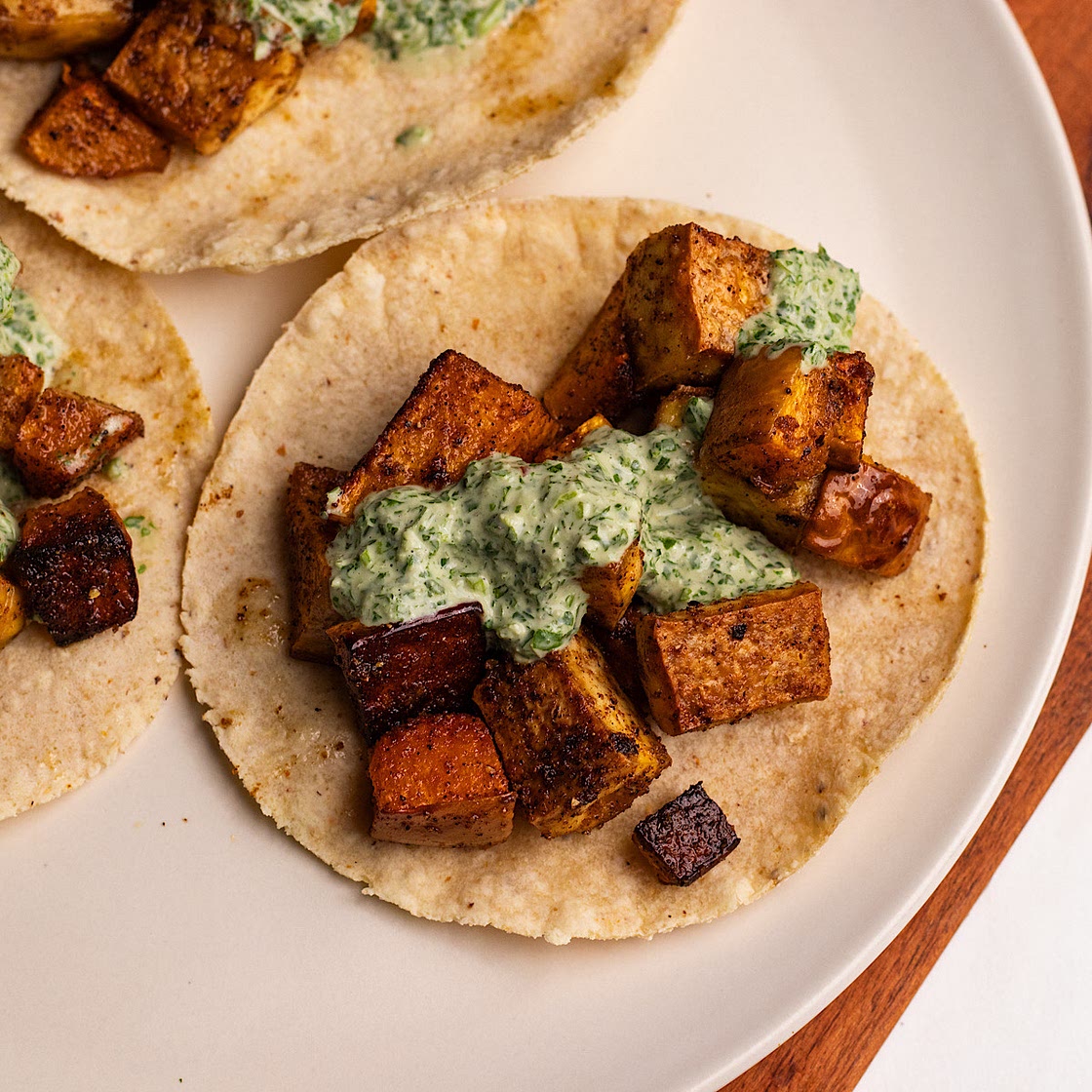 Tofu and Butternut Squash Tacos with Cilantro Lime Tahini Sauce