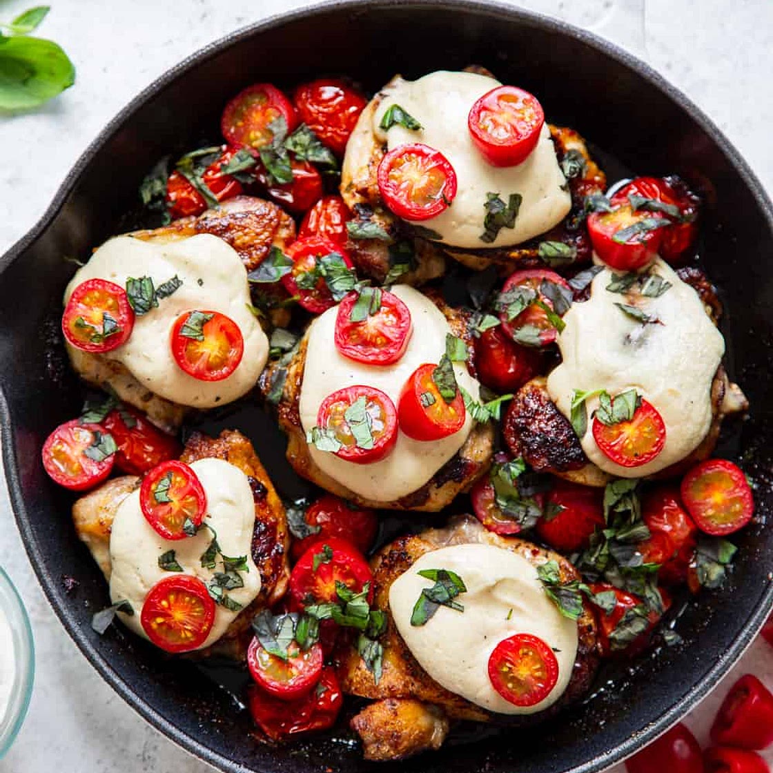 One Skillet Caprese Chicken {Paleo, Whole30}
