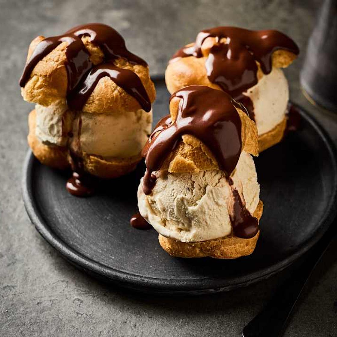 Cream Puffs (Profiteroles) with Vanilla Ice Cream and Chocolate Sauce