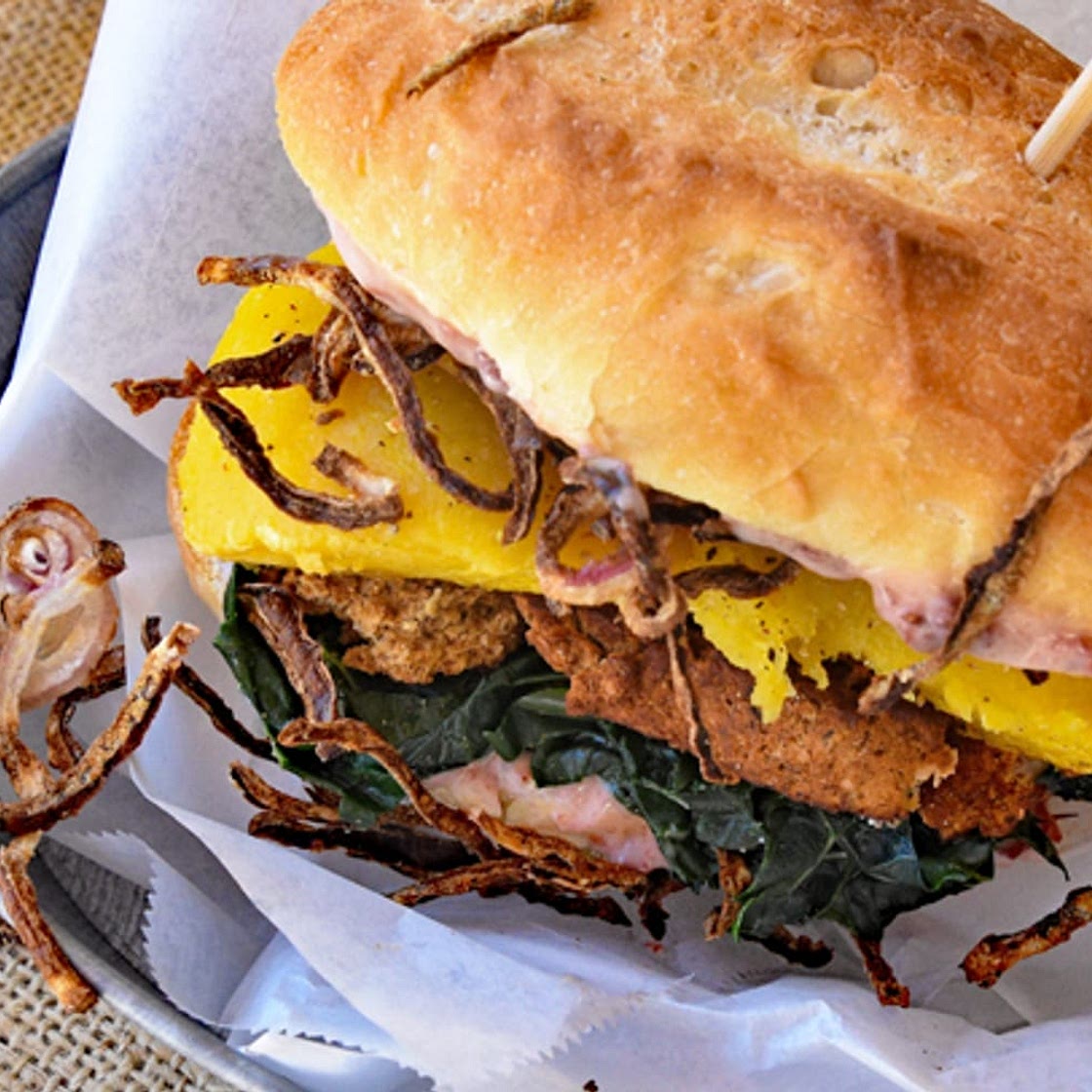 Holiday Sandwich With Fried Onions, Cranberry Aioli, and Roasted Squash