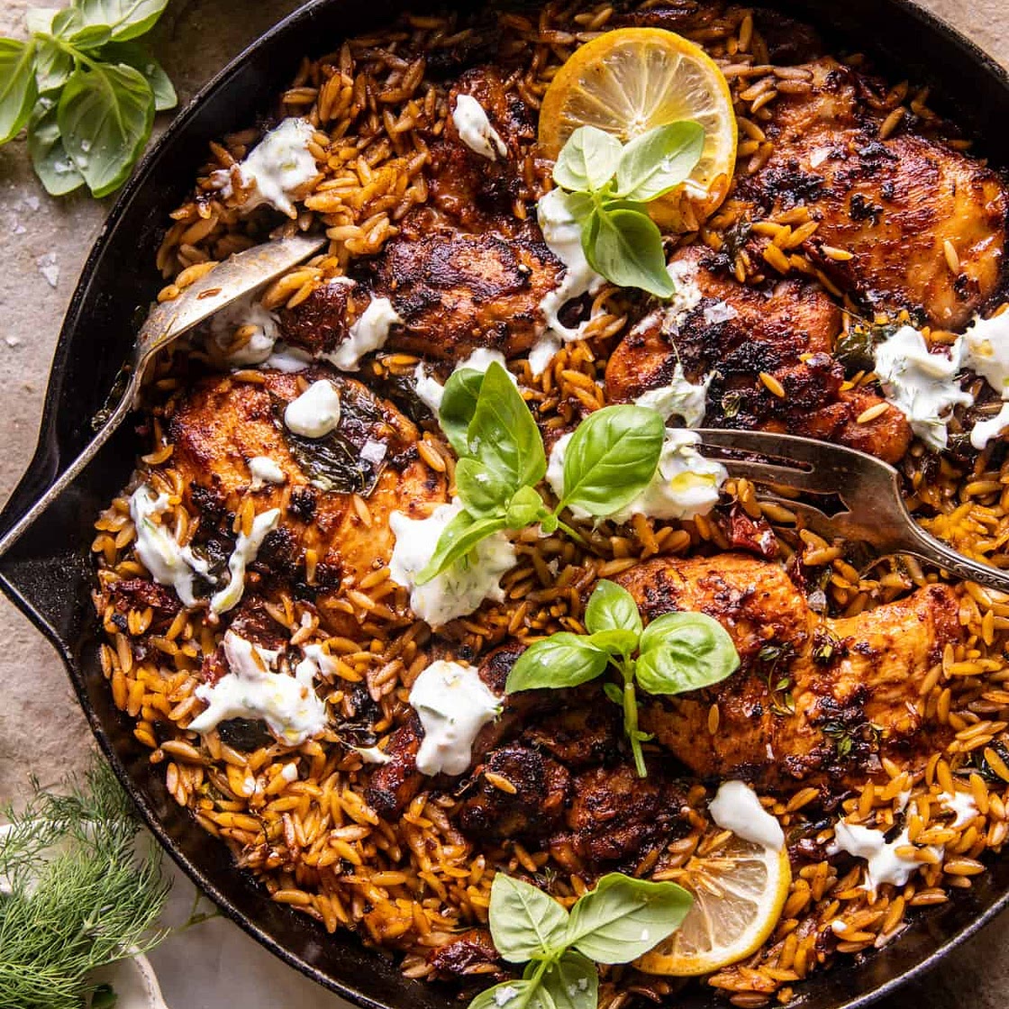 One Skillet Tzatziki Chicken and Orzo
