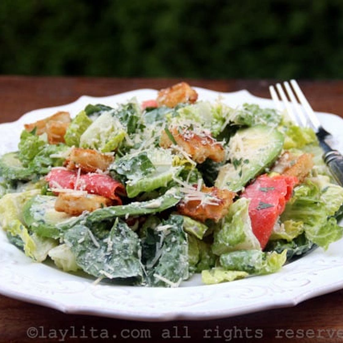 Caesar salad with smoked salmon and avocado