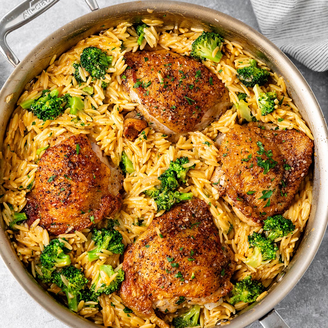Skillet Chicken Thighs with Broccoli Cheddar Orzo