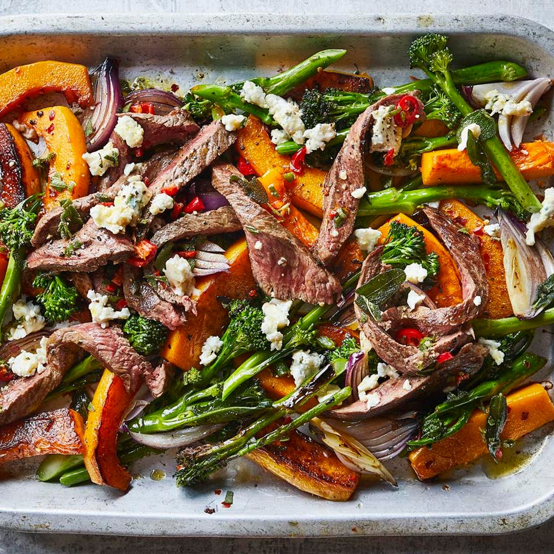 Flash-roasted steak with squash, gorgonzola and sage
