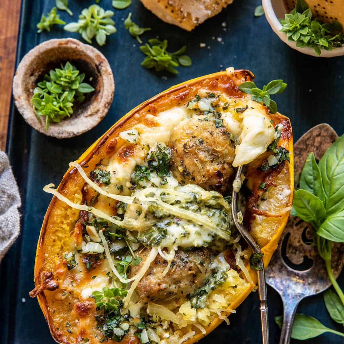 Garlic Butter Chicken Meatballs Stuffed In Spaghetti Squash: