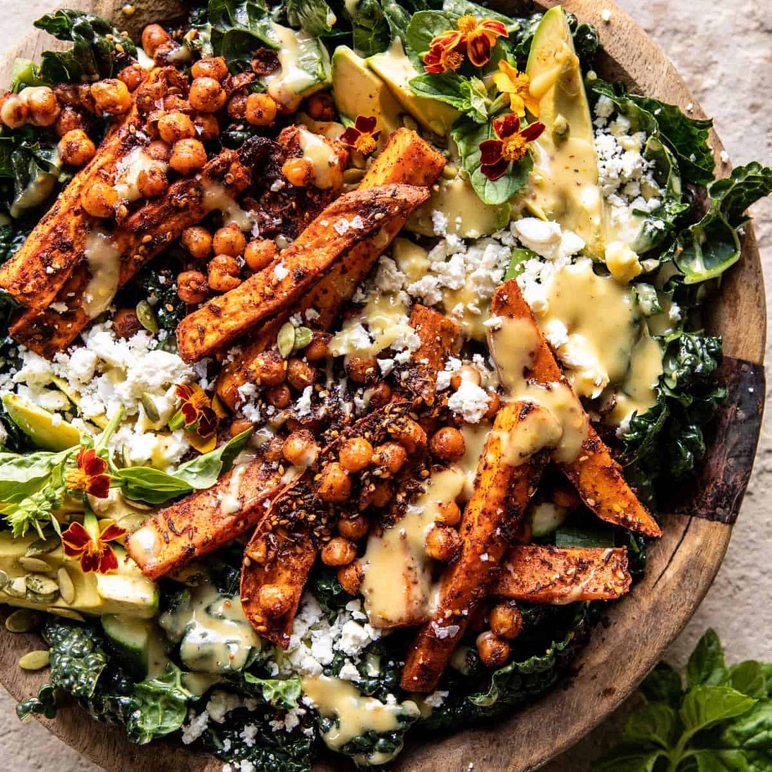 Sweet Potato Kale Salad with Creamy Honey Mustard Dressing
