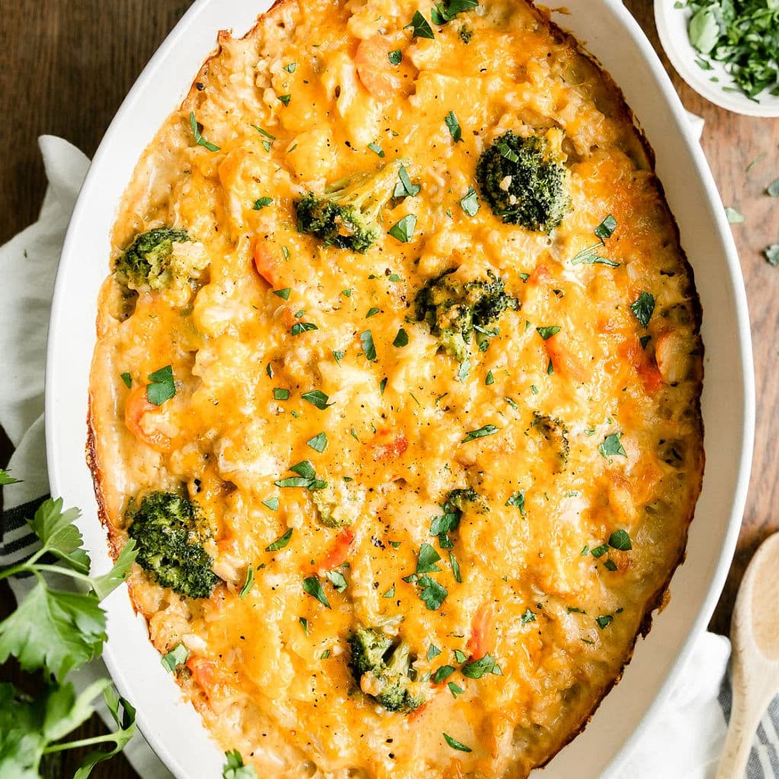 Cheesy Chicken and Rice Casserole (Easy & Veggie Loaded)