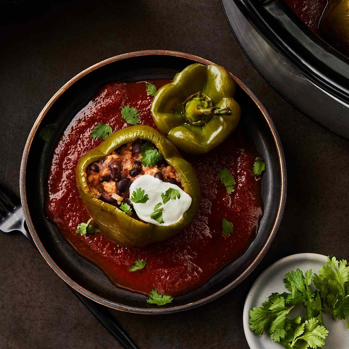 Slow-Cooker Black Bean & Brown Rice Stuffed Peppers