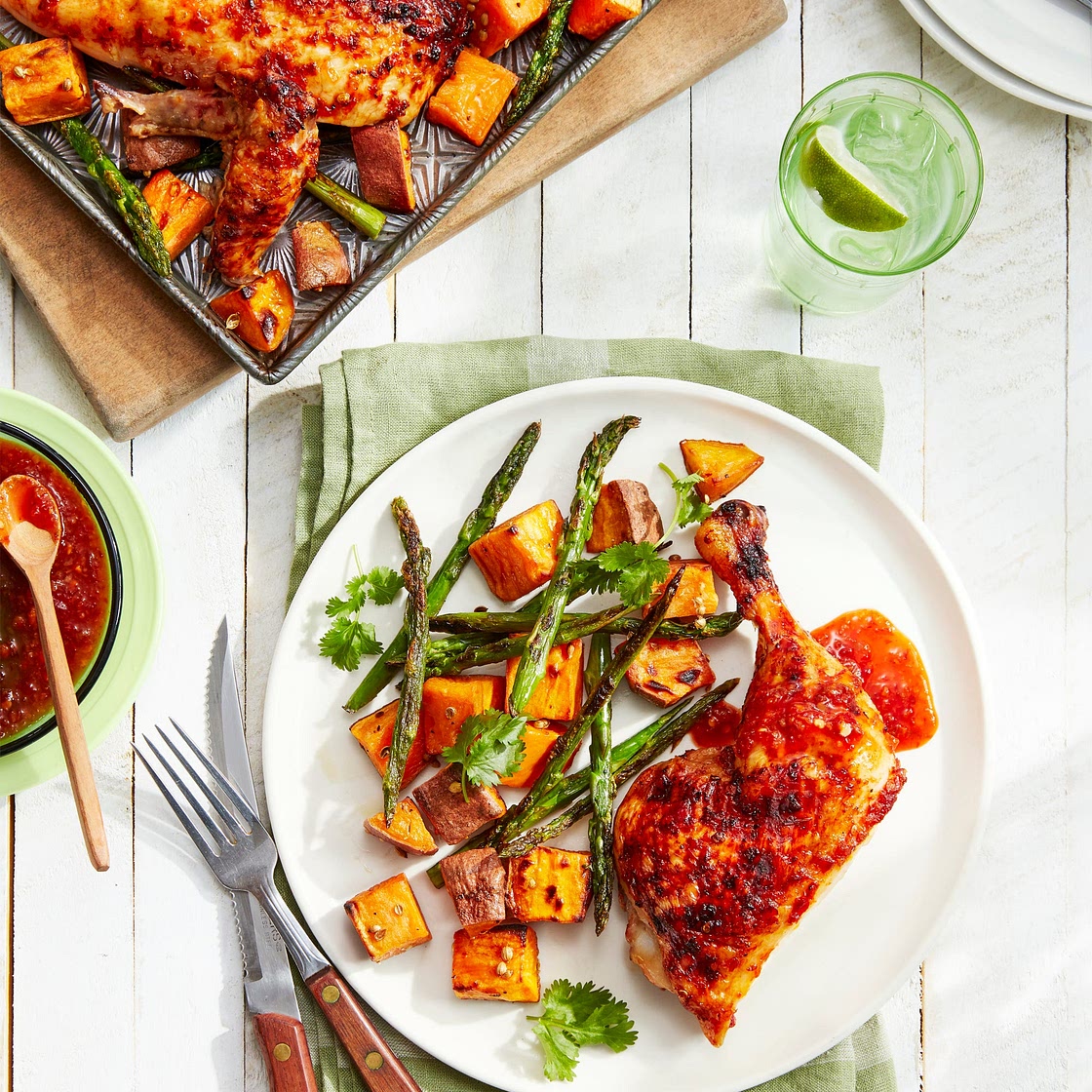 Sweet-and-Spicy Chicken with Roasted Sweet Potatoes and Asparagus