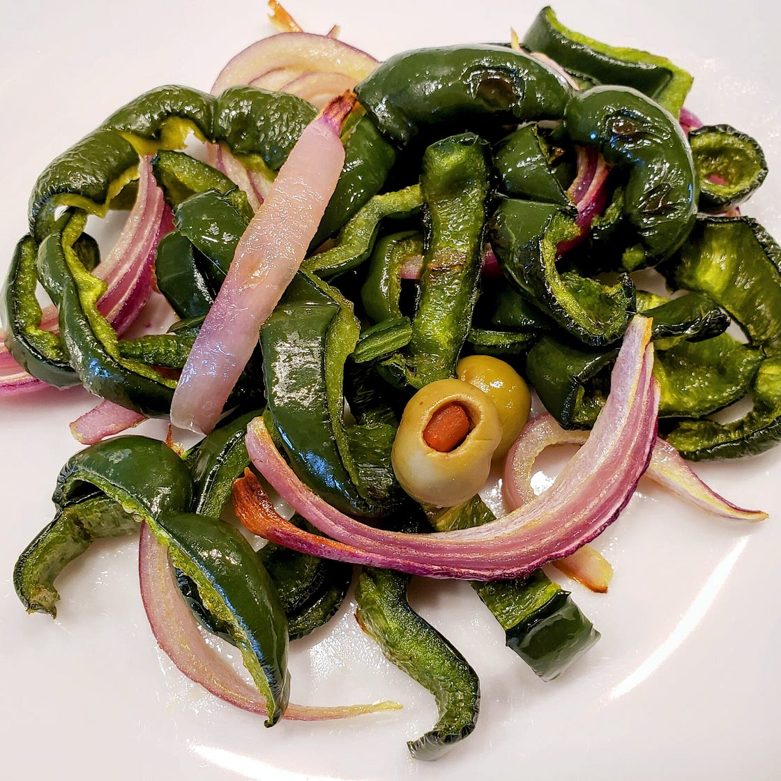 Roasted poblano peppers and red onions