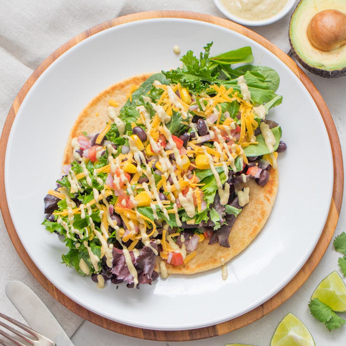 Tex-Mex Salad Flatbread with Beans, Corn & Avocado Ranch Dressing