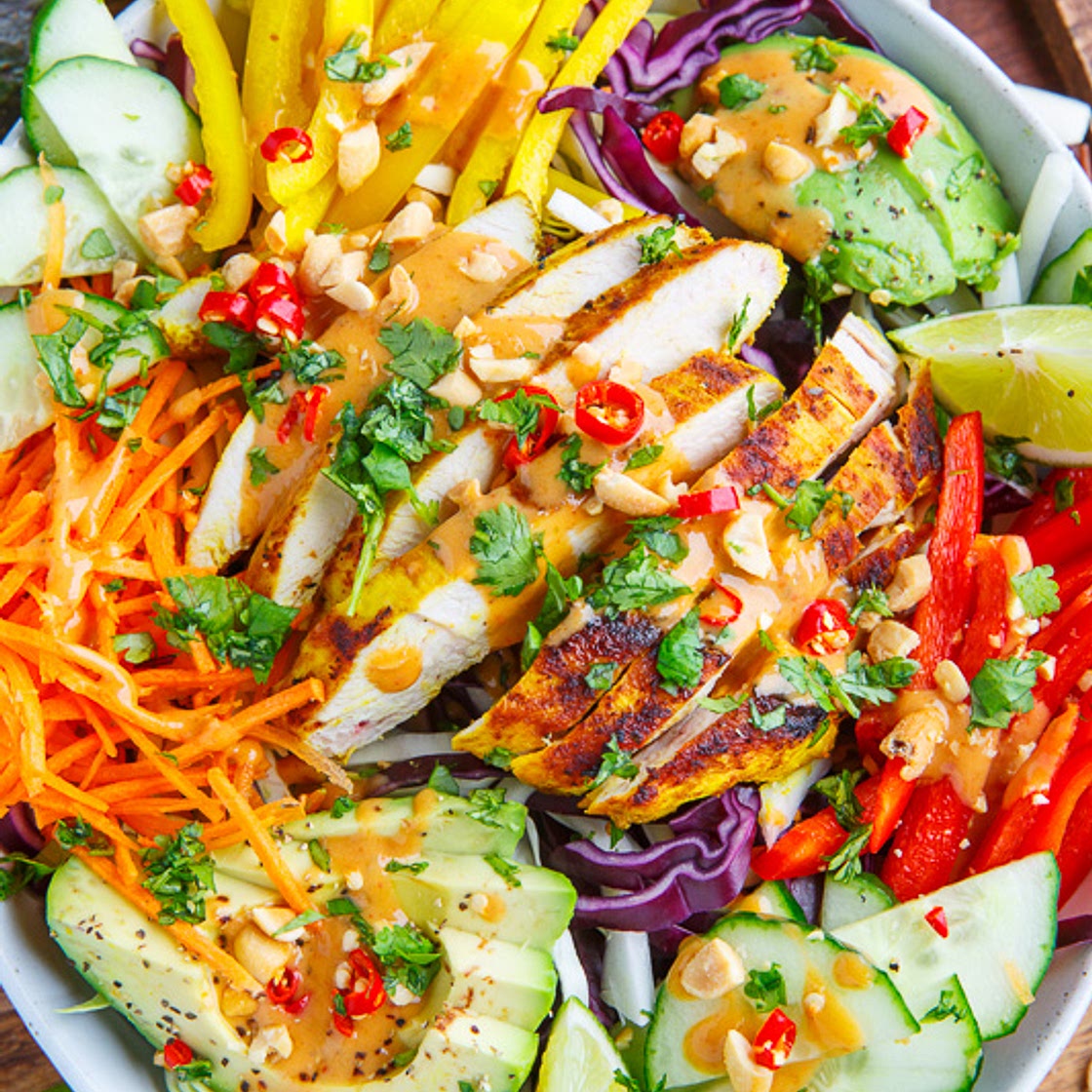 Thai Lemongrass Chicken and Avocado Salad with Spicy Peanut Dressing