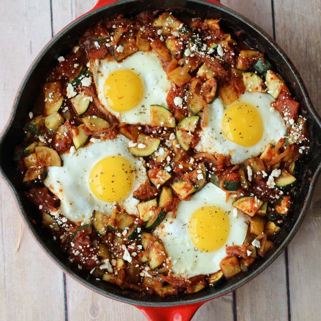 Gluten Free Shakshuka Recipe with Zucchini and Feta | Healthy & Vegetarian