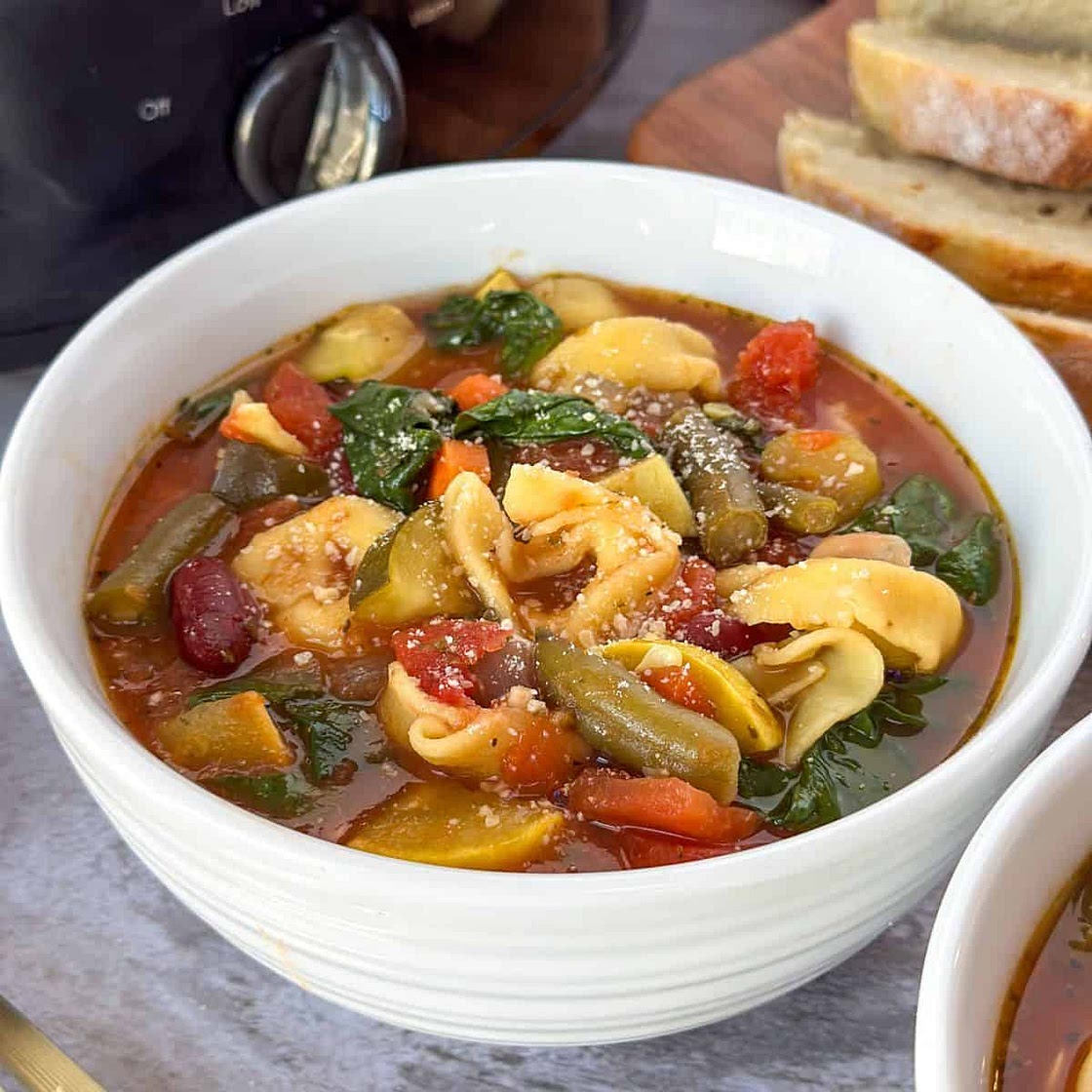 Easy Slow Cooker Tortellini Minestrone Soup with Pesto