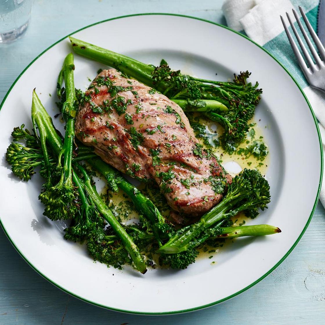 Grilled lamb steak with rosemary butter and chargrilled broccoli