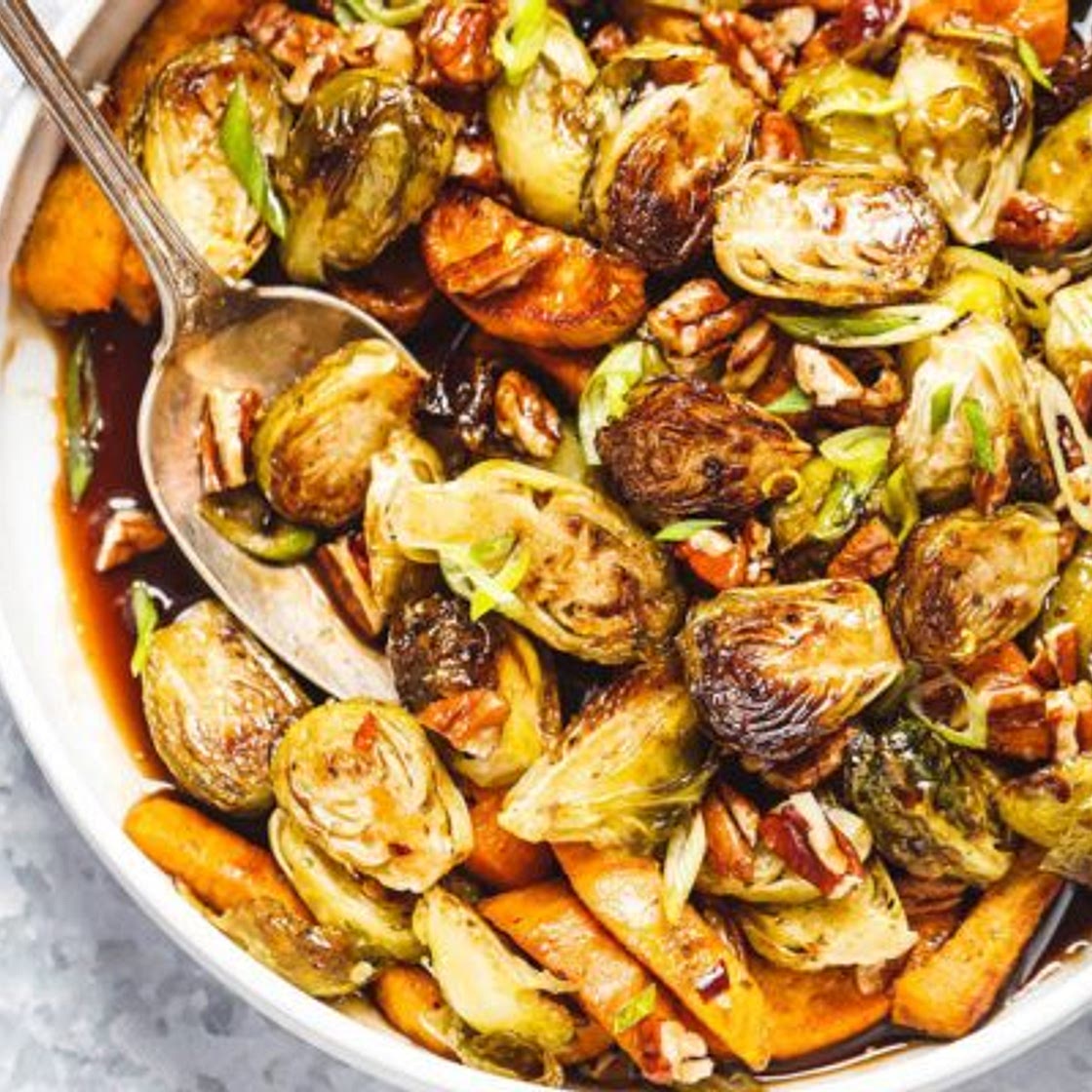 Roasted Brussels Sprouts and Sweet Potato with Balsamic Honey Glaze