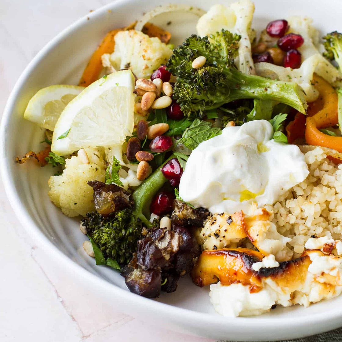 Roasted Cauliflower Chickpea Salad with Baked Feta