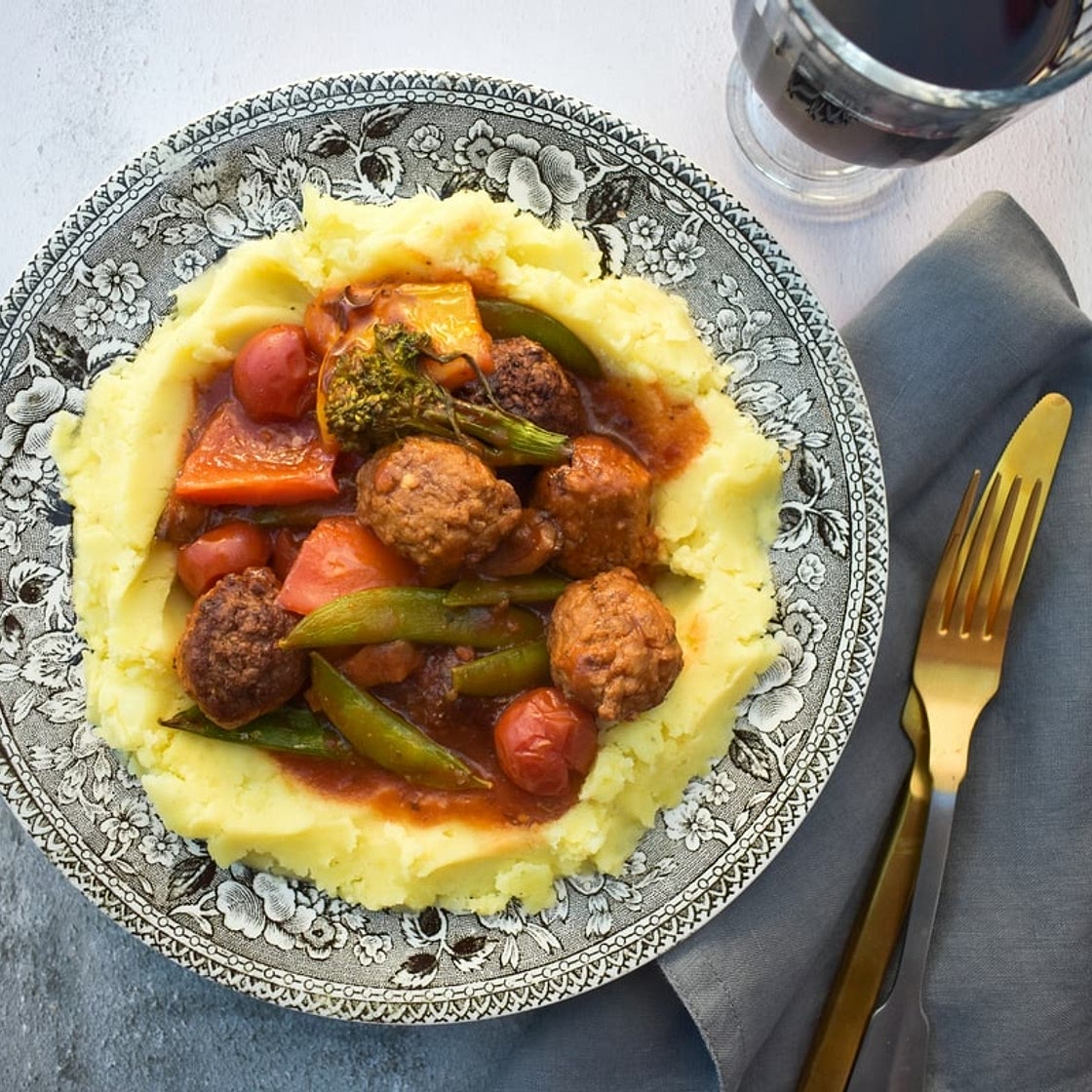 Easy Vegetable Bake with Vegan Meatballs & Roasted Vegetables