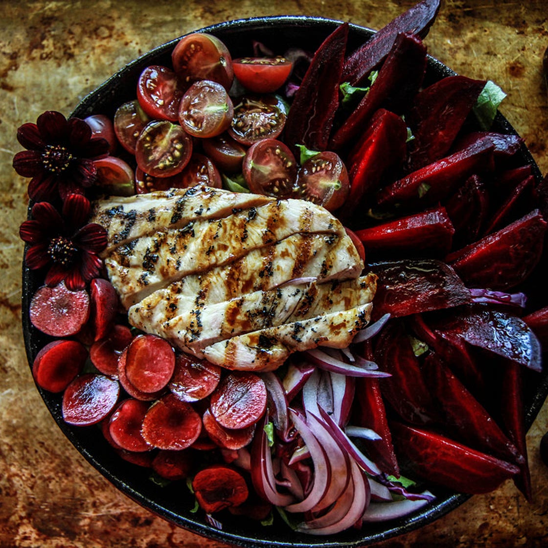 Grilled Chicken, Beet and Cherry Salad with Honey Balsamic Dressing