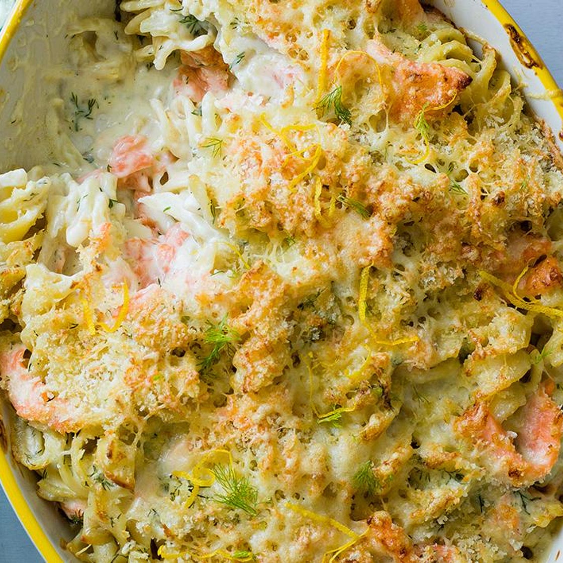 Scandi salmon pasta bake