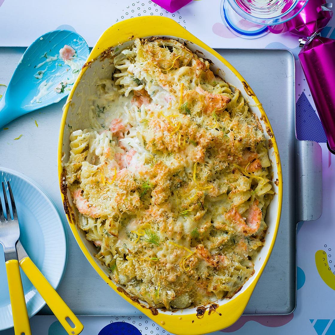 Scandi salmon pasta bake