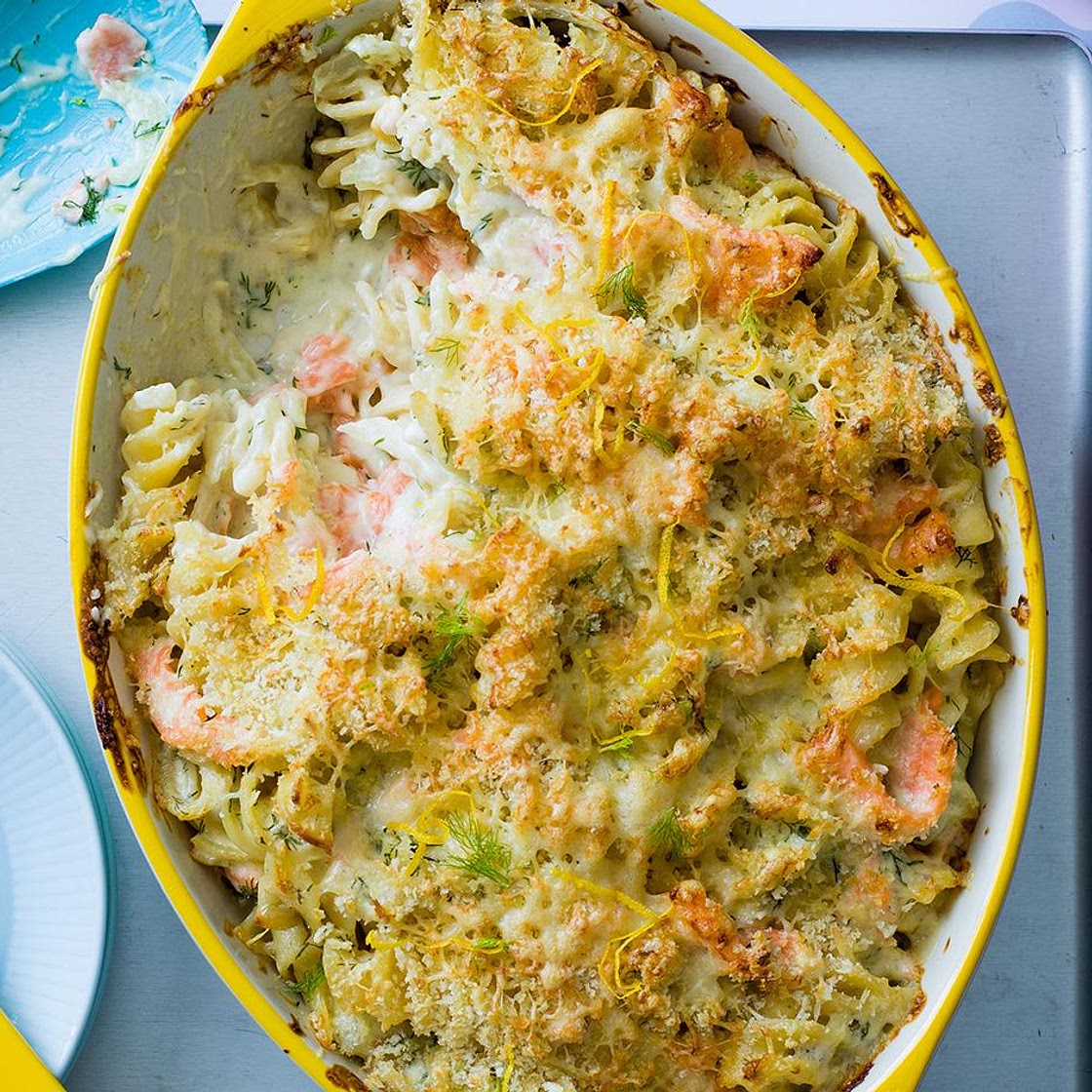 Scandi salmon pasta bake