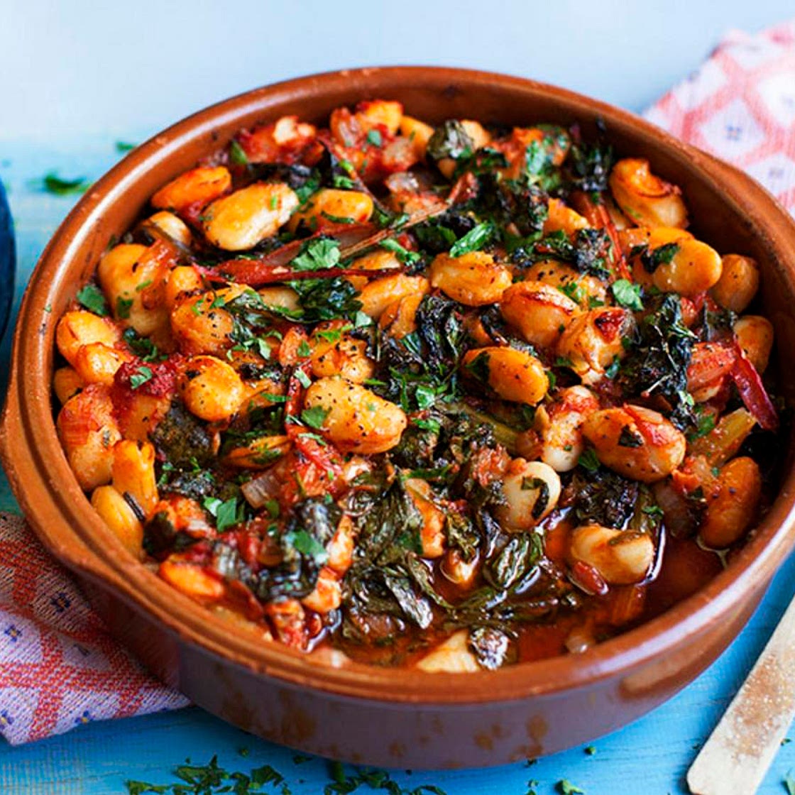 Gigantes with tomatoes and greens