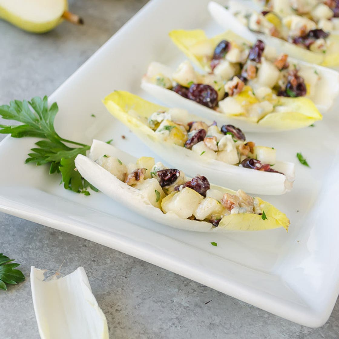 Endive Salad Bites with Pears, Blue Cheese, and Pecans