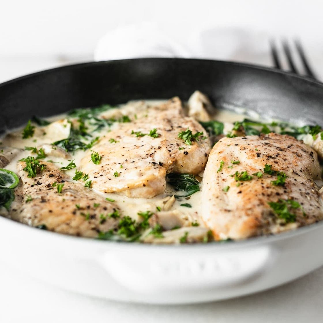 One Skillet Creamy Spinach Artichoke Chicken